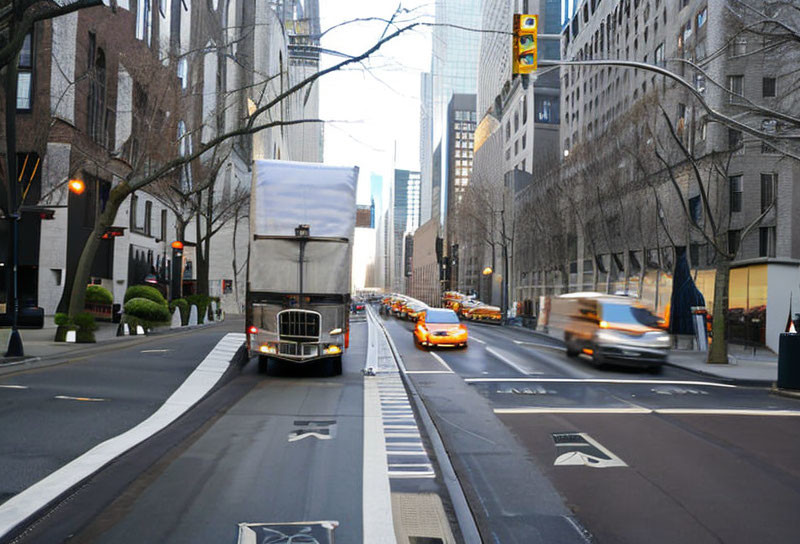 Busy City Street Scene with White Truck and Yellow Taxis in Motion Blur