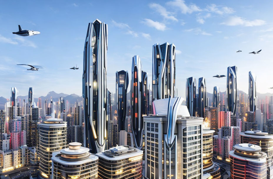 Sleek futuristic cityscape with tall skyscrapers and flying vehicles