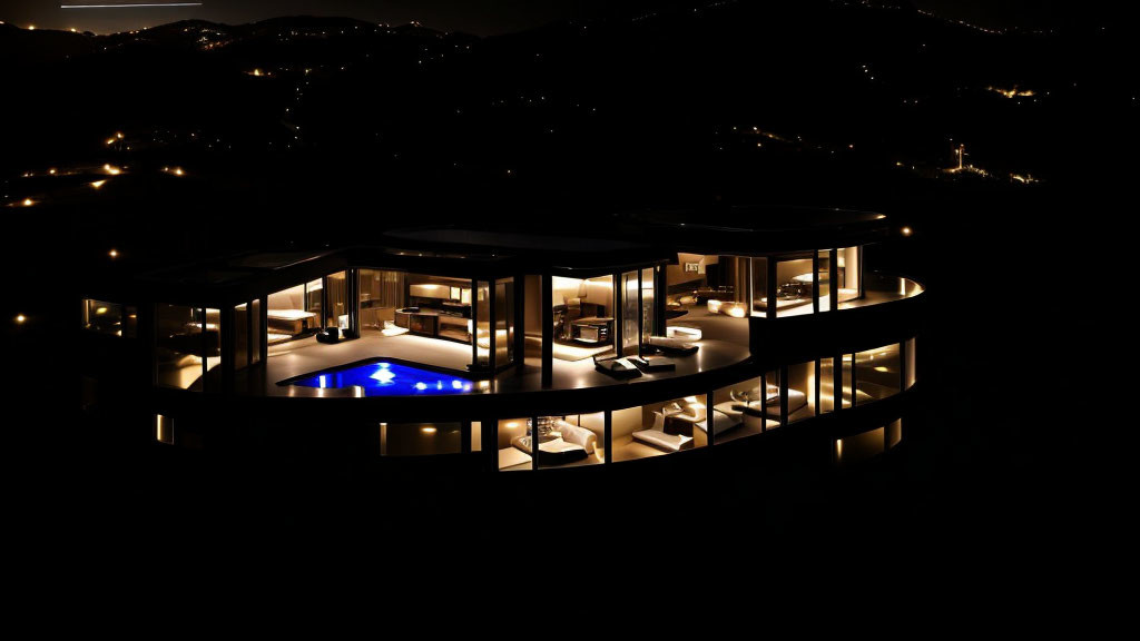 Modern Circular House Illuminated at Night with Dark Hill Background