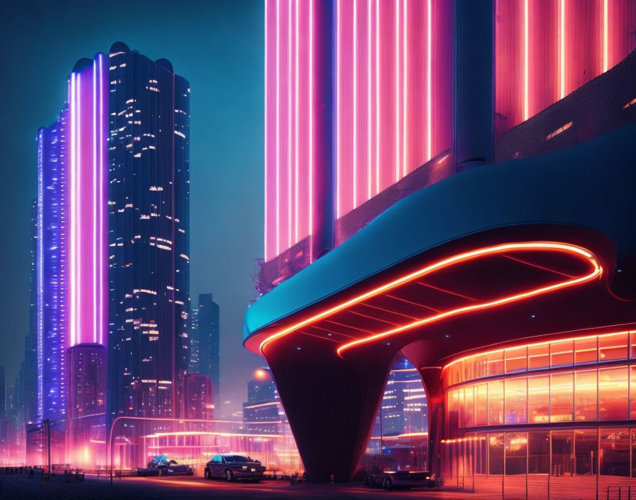 Neon-lit futuristic cityscape at night with glowing skyscrapers and curvilinear architecture