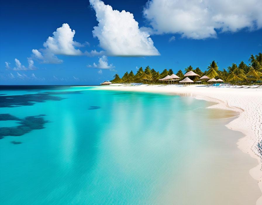 Tropical Beach Scene with Turquoise Water, Palm Trees, and Thatched Huts