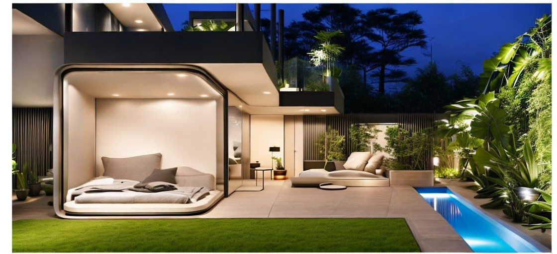 Luxurious outdoor living space with pool, glass walls, and lush greenery at dusk