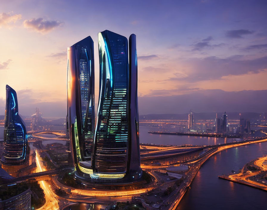 Futuristic cityscape at dusk with illuminated skyscrapers by winding river