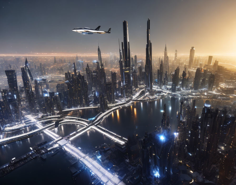 Twilight futuristic cityscape with illuminated skyscrapers and flying vehicle