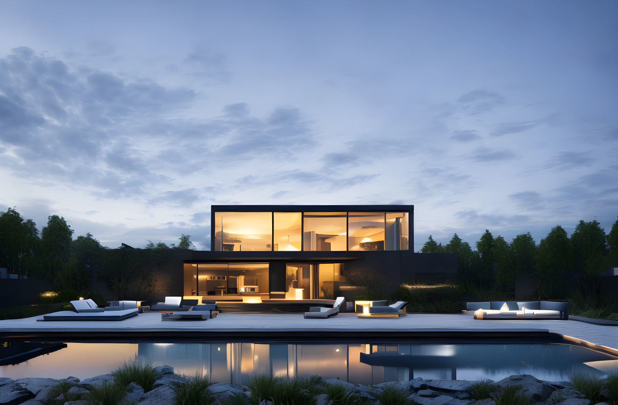 Contemporary Two-Story House with Poolside Lounge, Garden, and Illuminated Interior