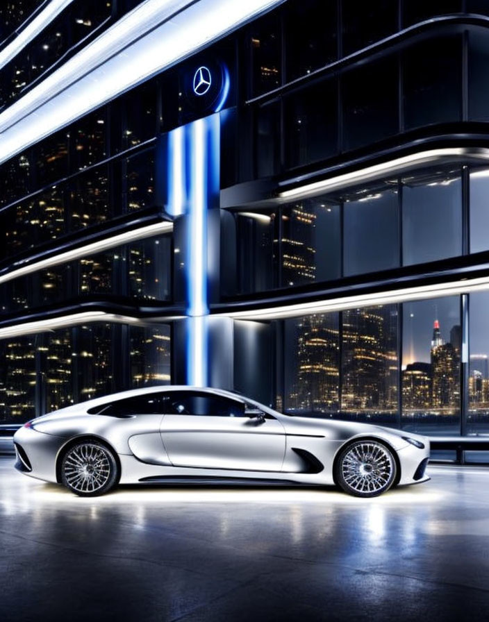 Silver Mercedes-Benz Car Parked in Front of Modern Building at Night