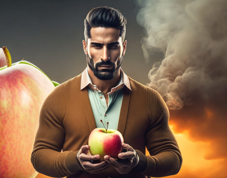 Stylized image of a bearded man with apple and smoke