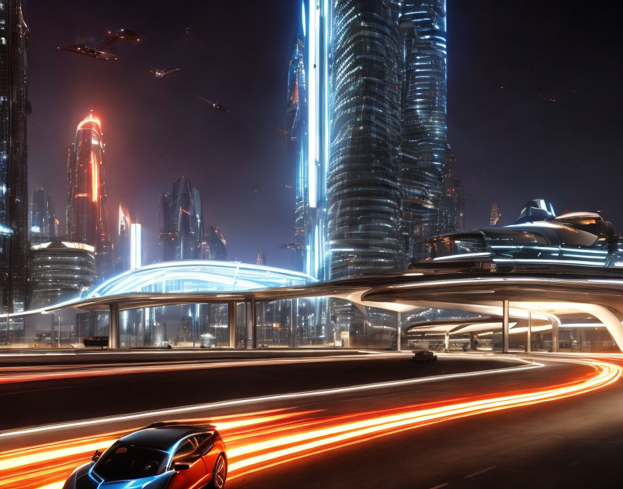 Nighttime futuristic cityscape with illuminated skyscrapers and flying vehicles.