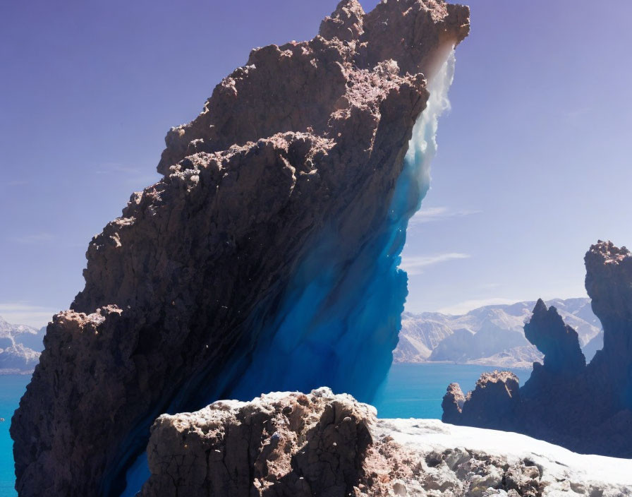 Vibrant blue streak on rugged rock formation with distant mountains