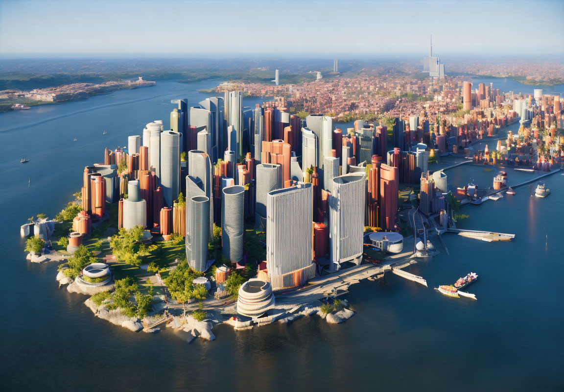 Futuristic cityscape on island with skyscrapers, boats, and greenery