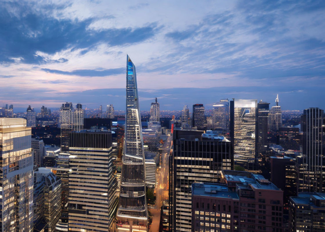 City skyline at dusk with illuminated skyscrapers under blue twilight sky