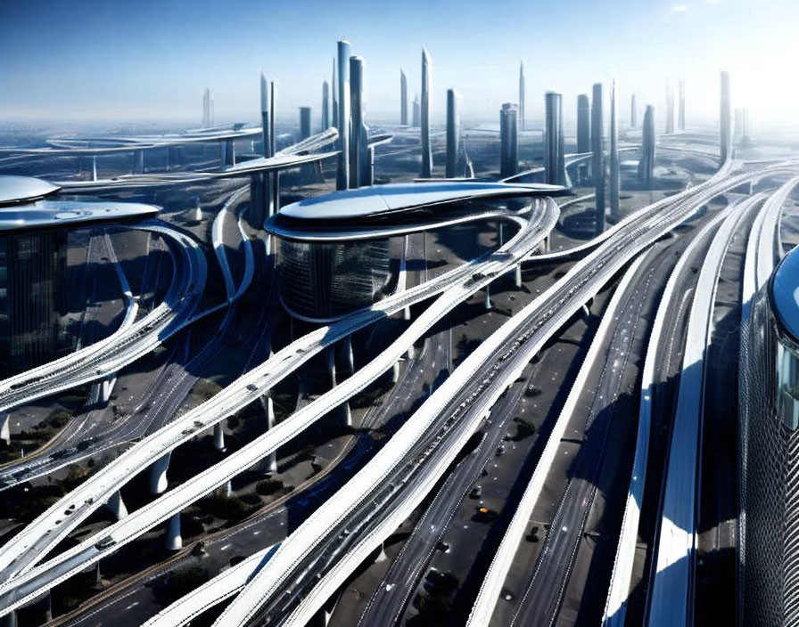 Modern cityscape with sleek skyscrapers and elevated roads under clear sky