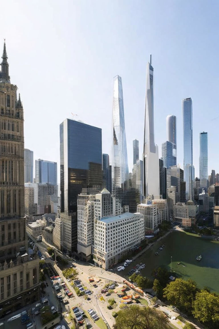 Vibrant cityscape with historic and modern skyscrapers, roads, traffic, and green park