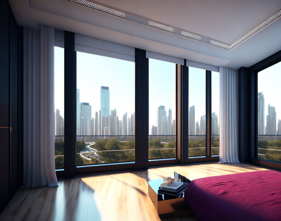 Spacious modern bedroom with panoramic city view and plush bed