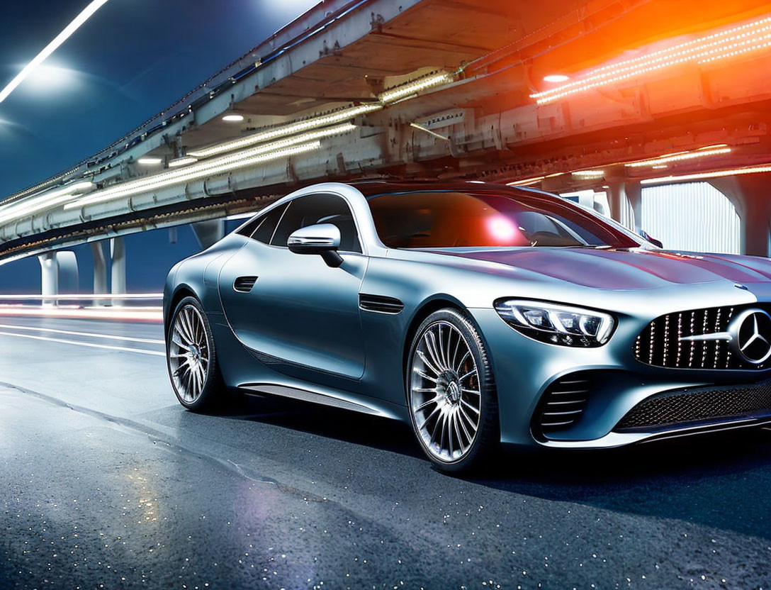 Silver sports car parked under overpass with dynamic light trails and urban backdrop