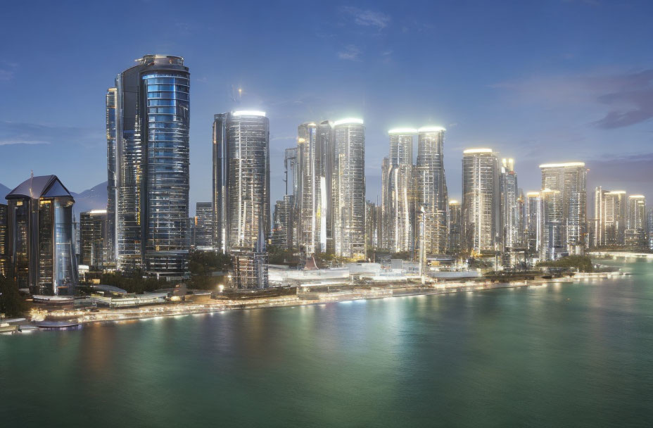 Twilight skyline of modern city with illuminated skyscrapers by calm waterfront