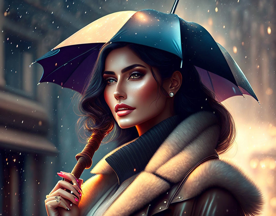 Digital portrait: Woman with umbrella in the rain, turtleneck and coat