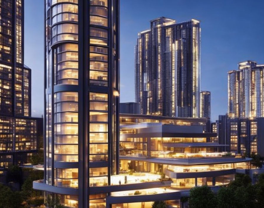 Twilight urban landscape with modern illuminated skyscrapers