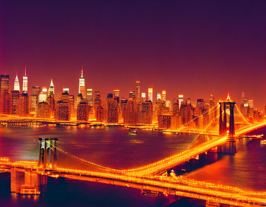 Nighttime cityscape with illuminated bridge and skyscrapers.