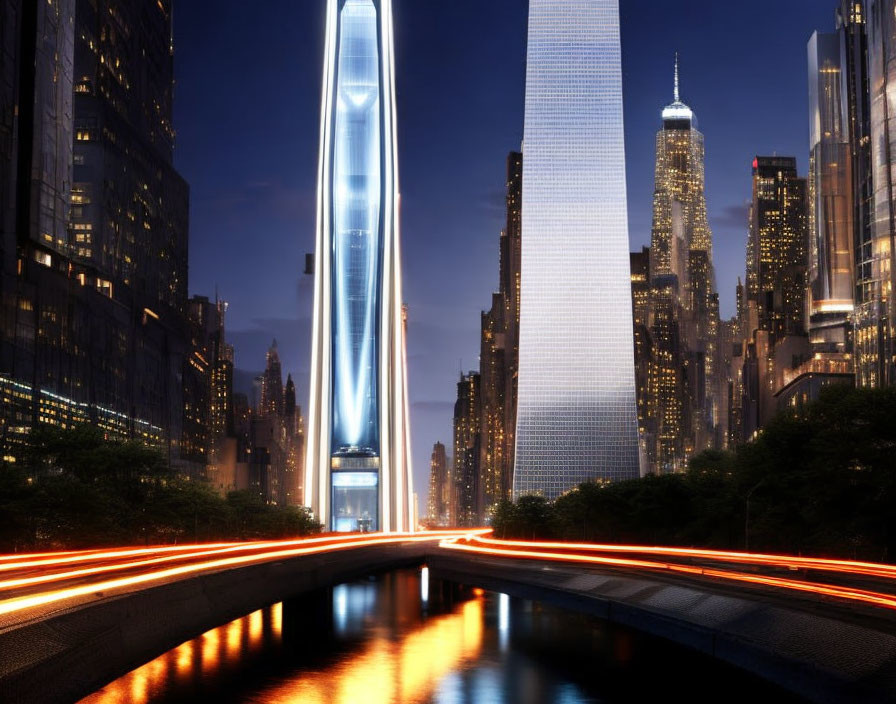 Futuristic cityscape at dusk with glowing skyscrapers and traffic lights