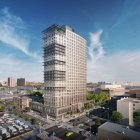 Glass facade high-rise building with terrace gardens in urban landscape