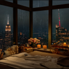 Luxurious Nighttime Living Room with City Skyline View