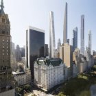 Vibrant cityscape with historic and modern skyscrapers, roads, traffic, and green park