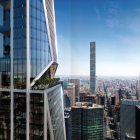 Modern high-rise buildings with reflective glass facades in urban cityscape.