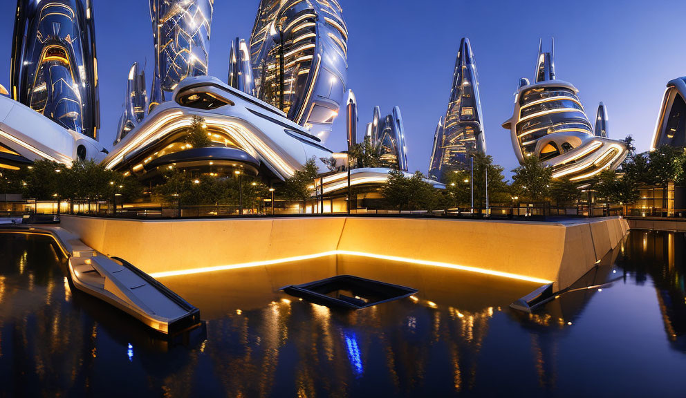 Futuristic illuminated cityscape with curvilinear skyscrapers reflected in water at twilight