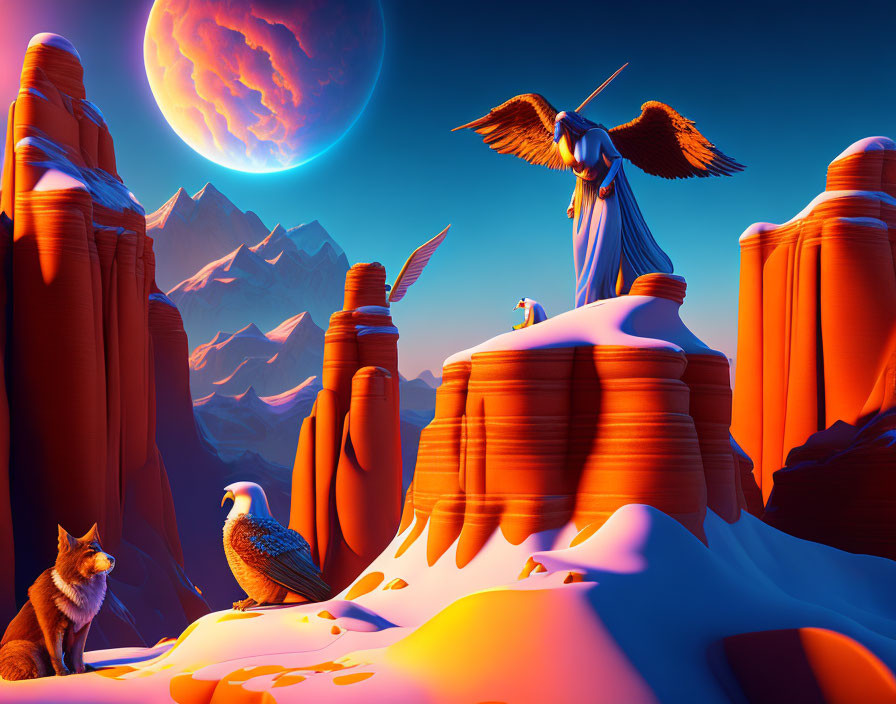 Colorful digital art: fox, falcon, heron in surreal orange landscape