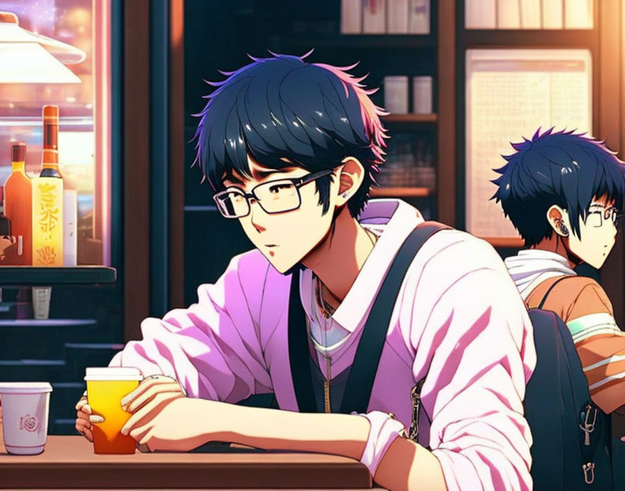 Young person with blue hair and glasses in pink sweater at bar with cup