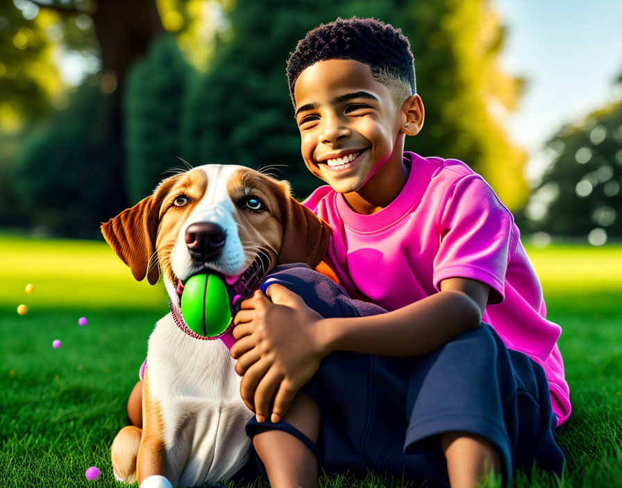 Smiling boy hugging beagle with green ball on grass surrounded by colorful bubbles