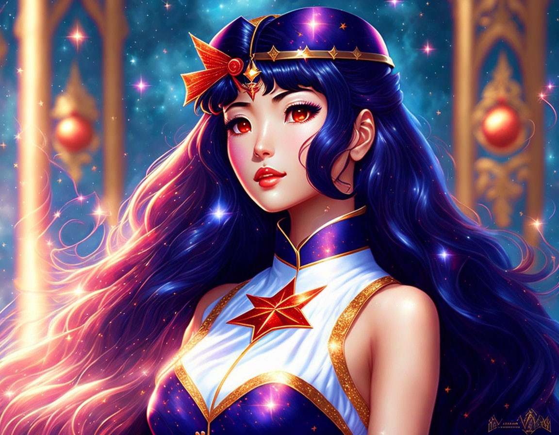 Illustrated Female Character with Long Purple Hair in Sailor Moon-style Outfit on Cosmic Background