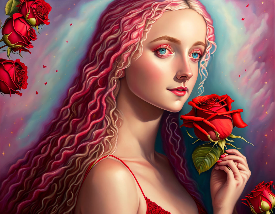Stylized illustration of woman with pink wavy hair, blue eyes, holding red rose, surrounded