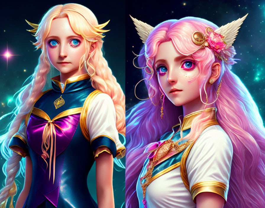 Vibrant fantasy illustration of two female characters with pointed ears and ornate outfits against a starry