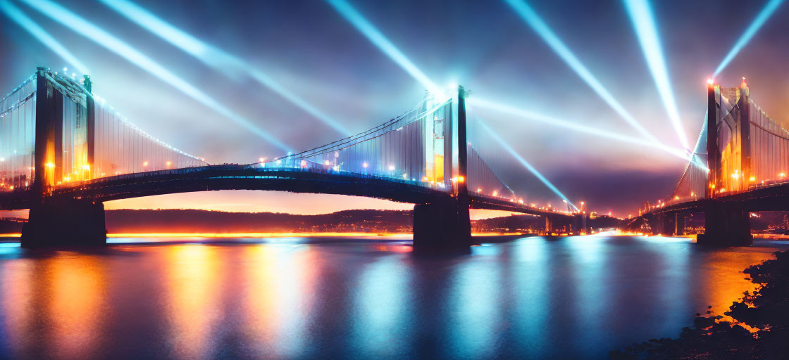 Nighttime bridge illuminated by vibrant blue light beams, reflecting on water below