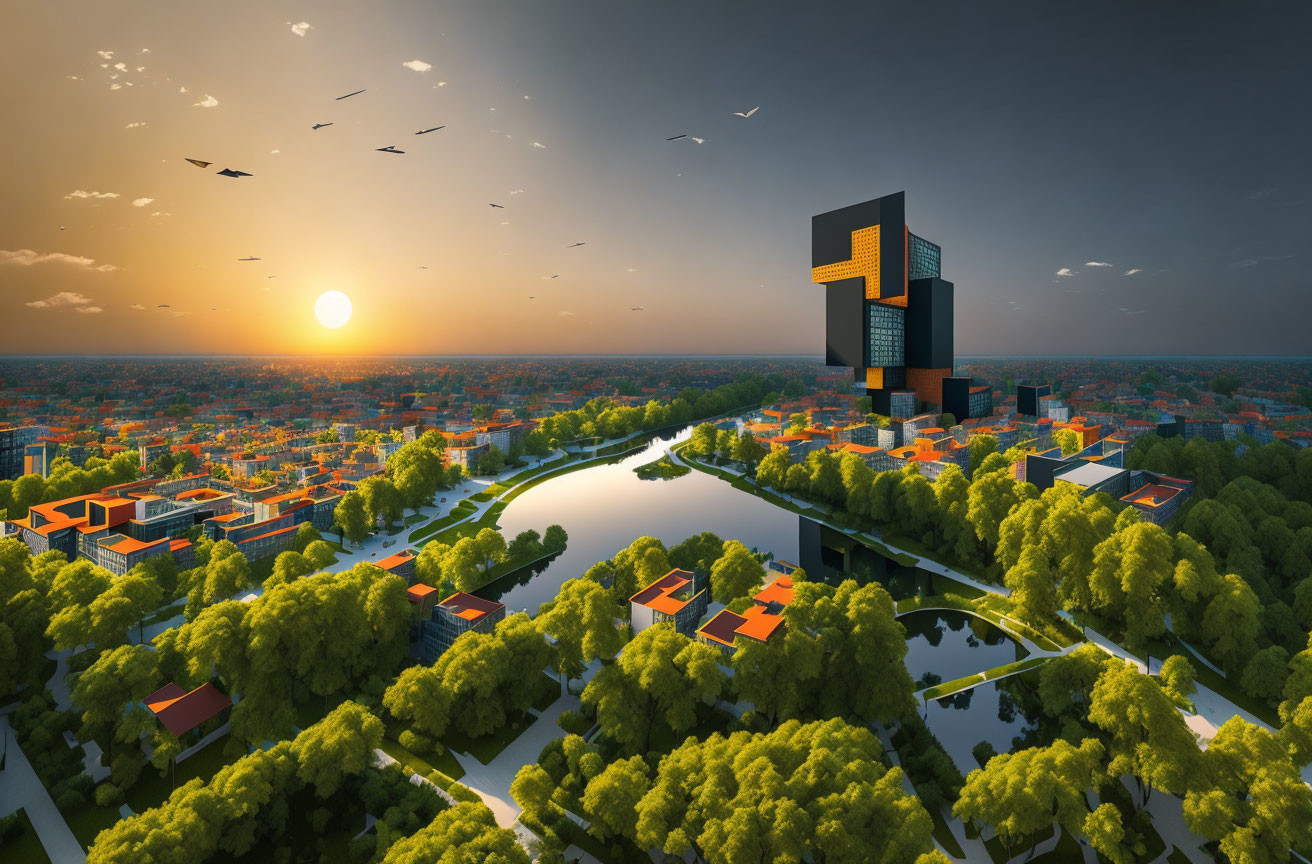 Futuristic cityscape at sunset with greenery, river, high-rise building, and birds in