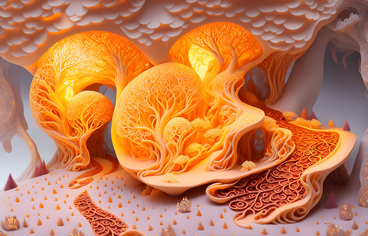 Vibrant digital artwork: Stylized tree-like structures in warm orange hues