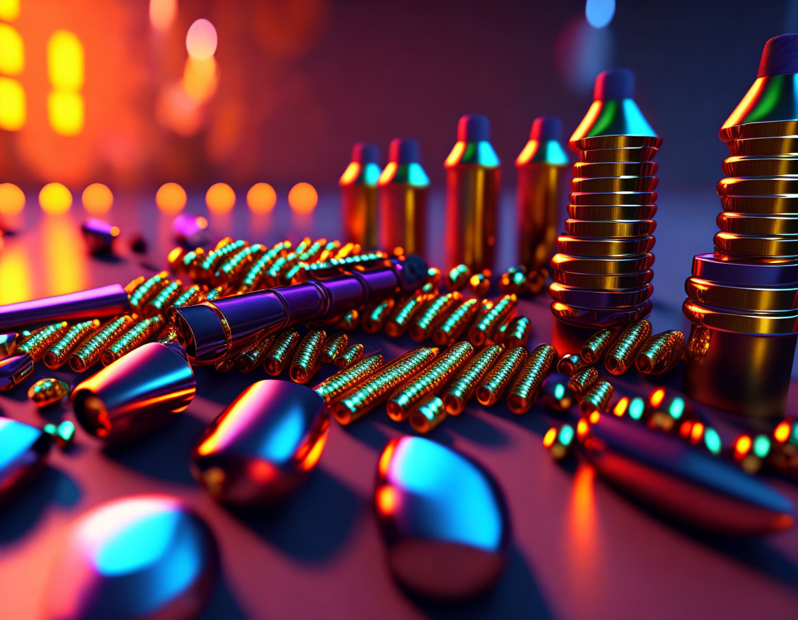 Colorful metallic casings of scattered ammunition under dramatic neon lighting