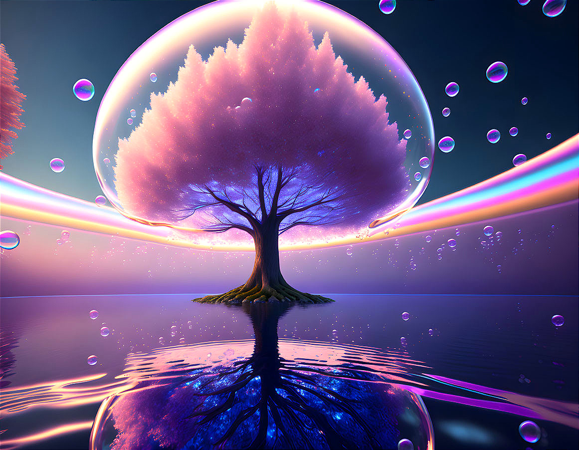 Solitary tree in transparent bubble surrounded by smaller bubbles, under purple twilight sky.