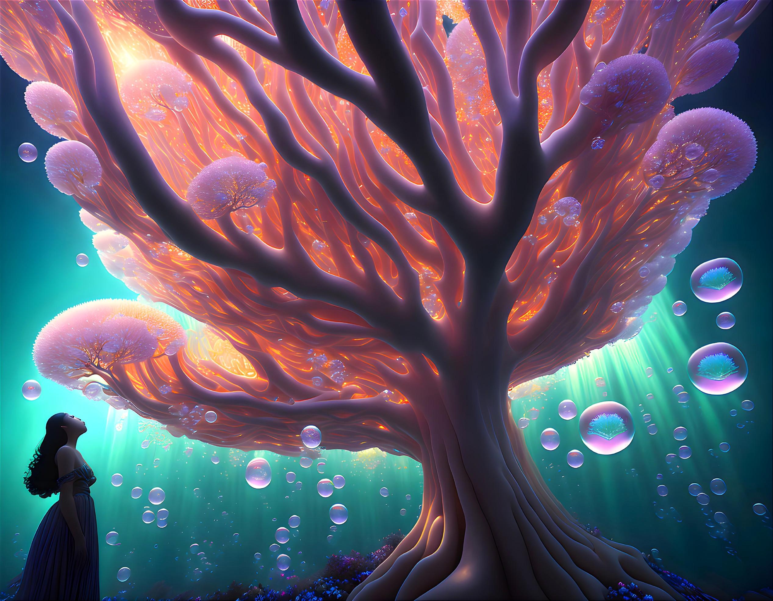 Vibrant underwater scene with fantastical tree and jellyfish