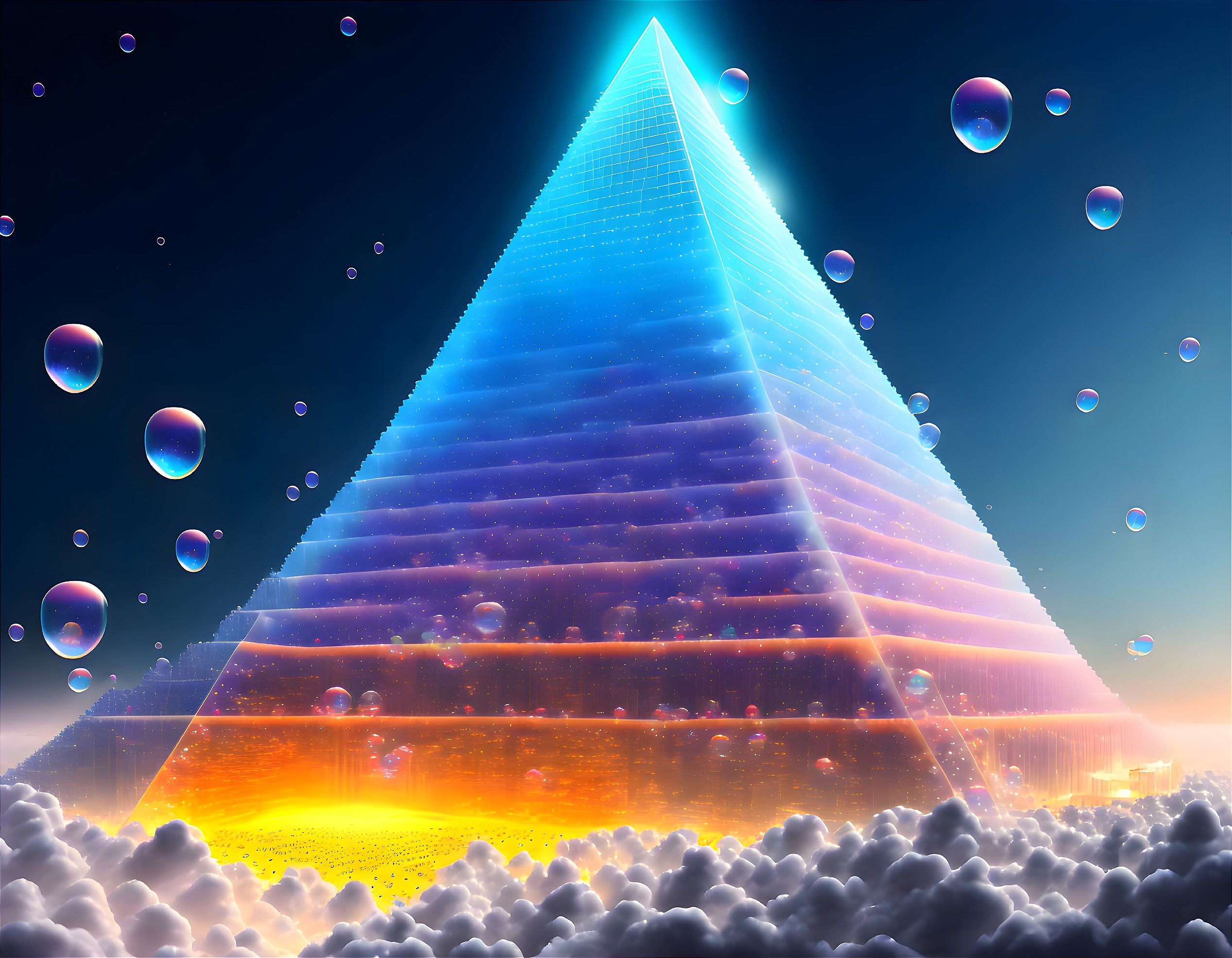 Neon pyramid in twilight sky with bubbles and misty landscape