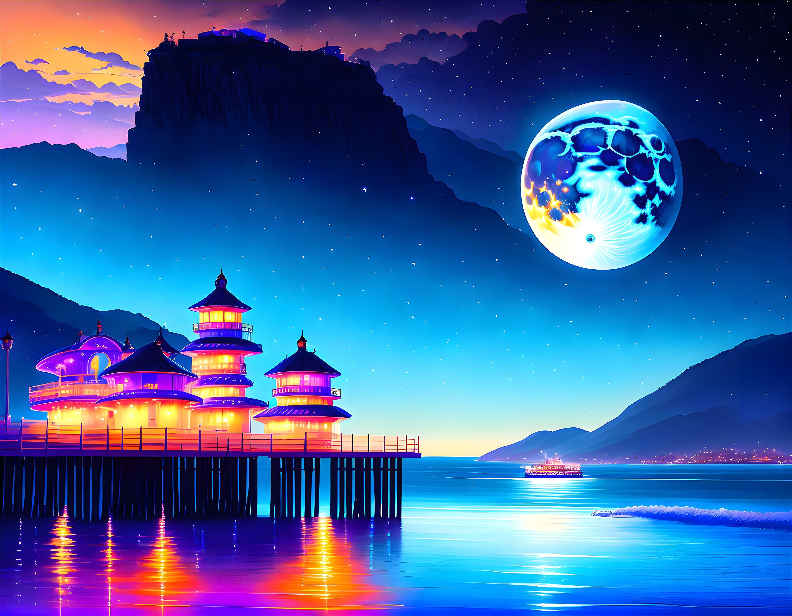 Twilight seascape with oriental buildings, fantastical moon, and sailing boat