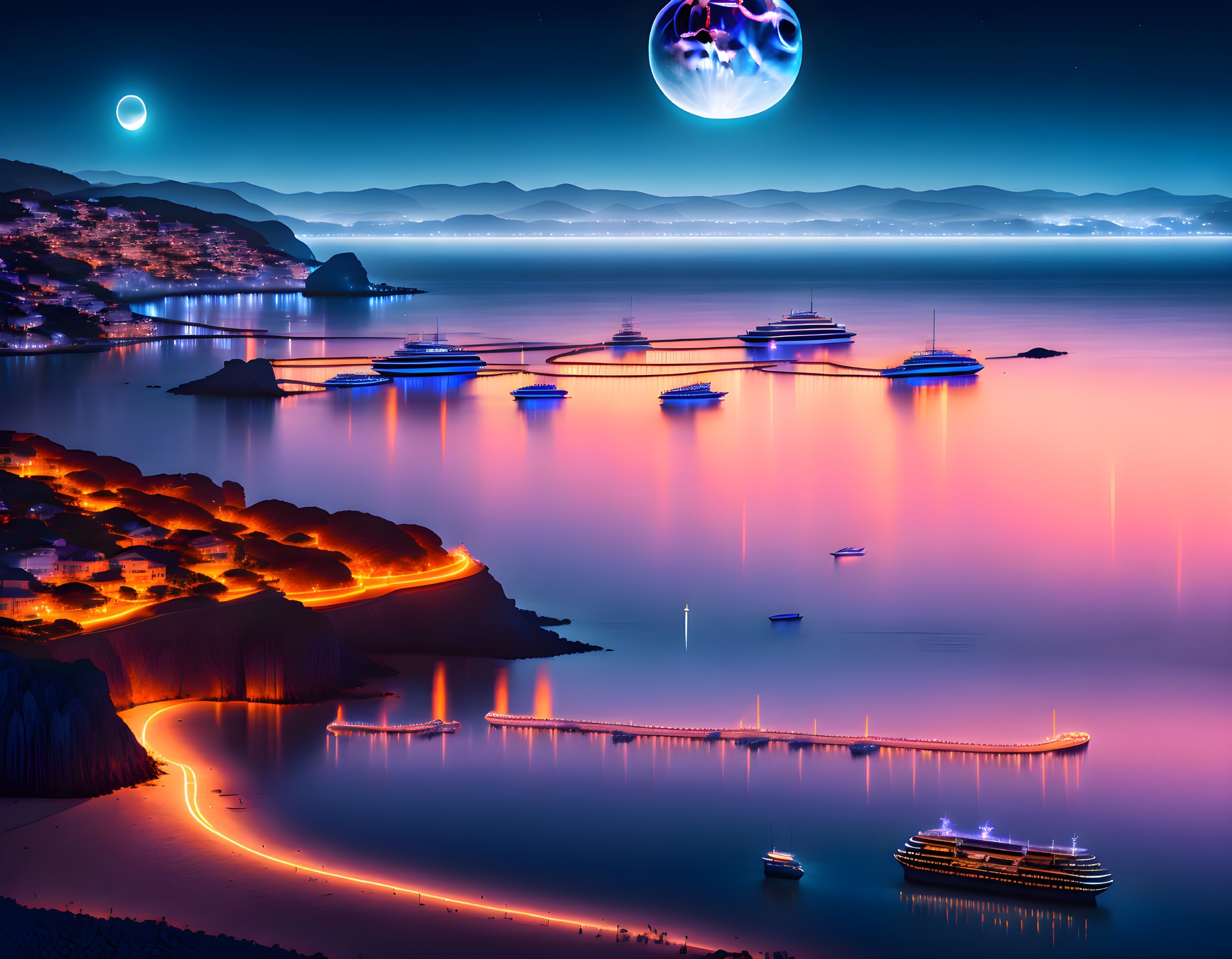 Futuristic nightscape with illuminated yachts and otherworldly moon