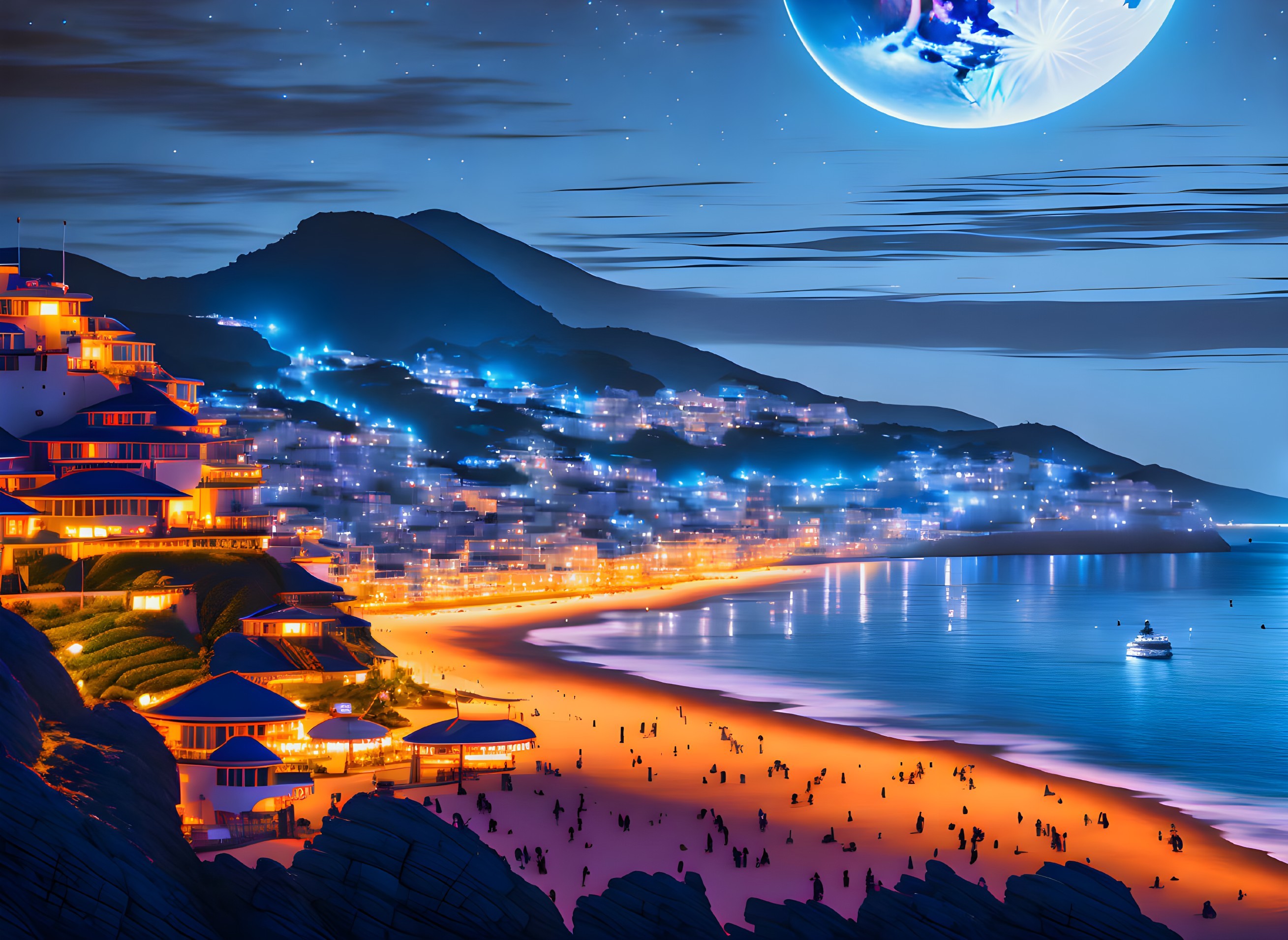 Scenic Coastal Night View with Illuminated Houses, Beachgoers, Boat, and Moon