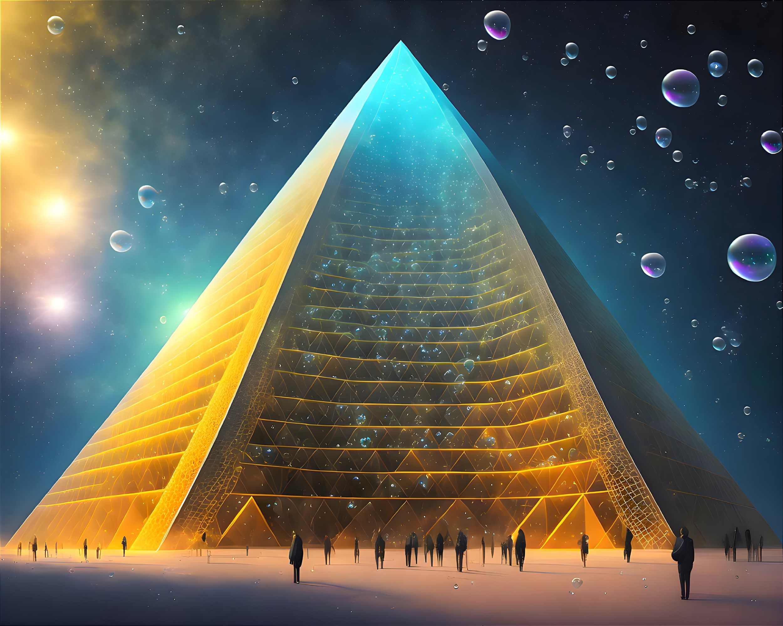 Golden pyramid with blue core in starry sky with people and bubbles