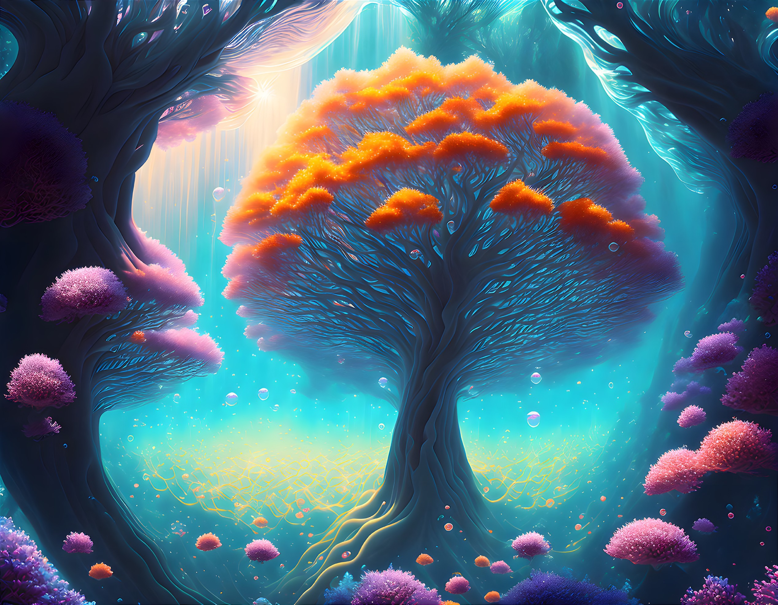 Fantastical tree digital artwork with coral-like branches under blue light