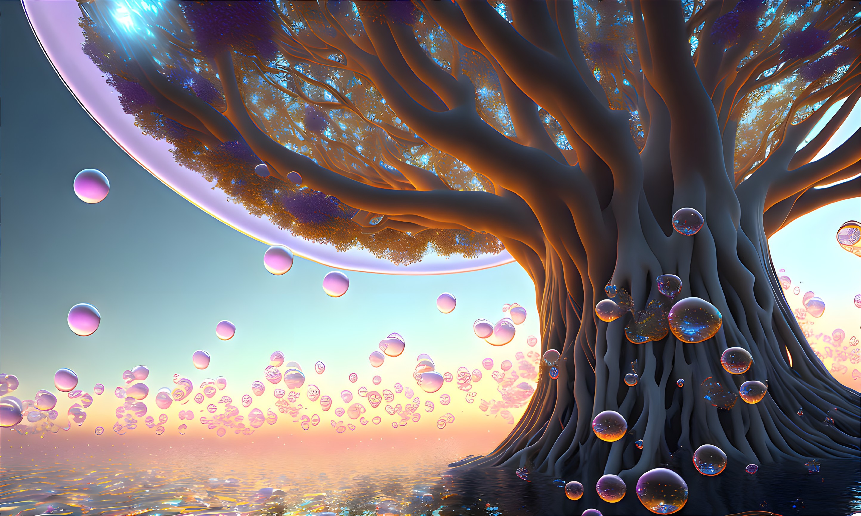 Fantastical image: Massive tree, cosmic canopy, floating bubbles, otherworldly sky.