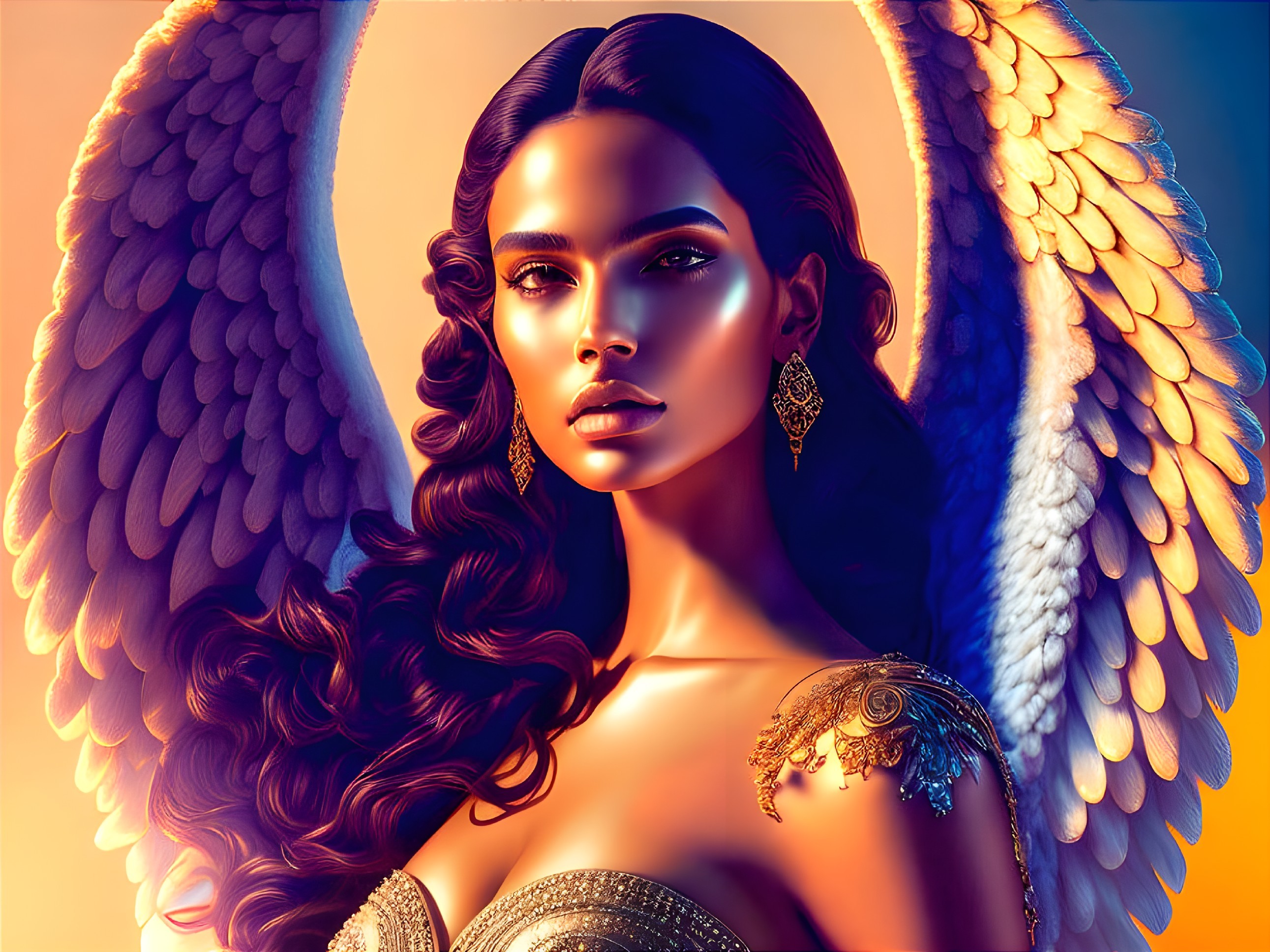 Digital art portrait of woman with angel wings in warm tones, detailed feathers, elegant jewelry