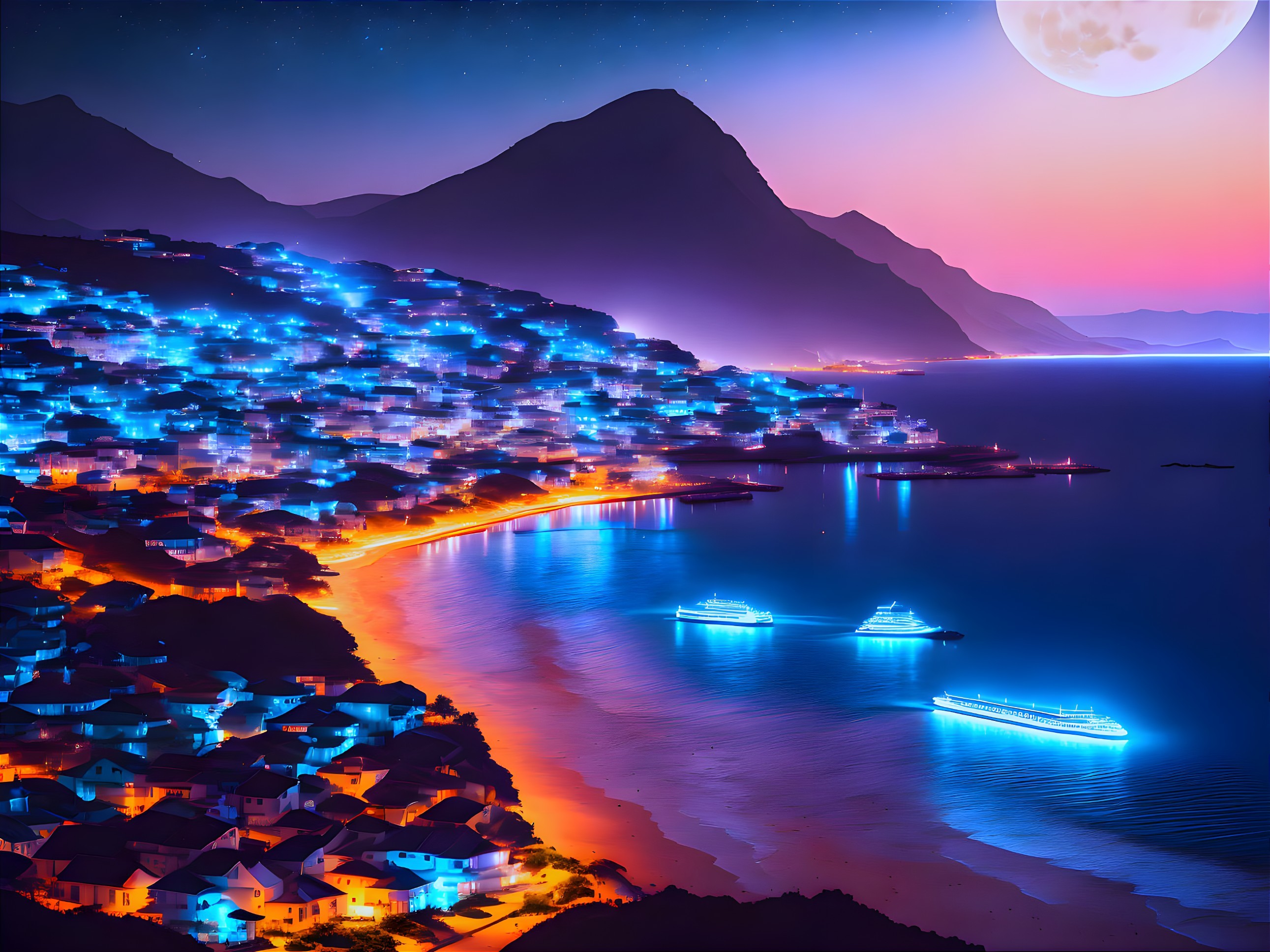 Coastal town twilight scene with illuminated buildings, ships, mountains, starry sky, and large